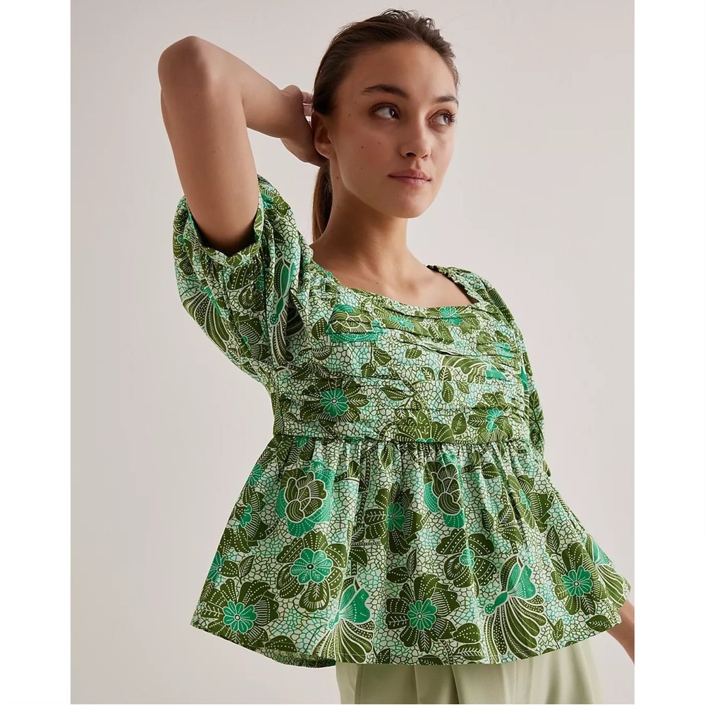 Anthropologie Nikasha Babydoll Cotton Poplin Puff Sleeve Smocked Gathered Blouse